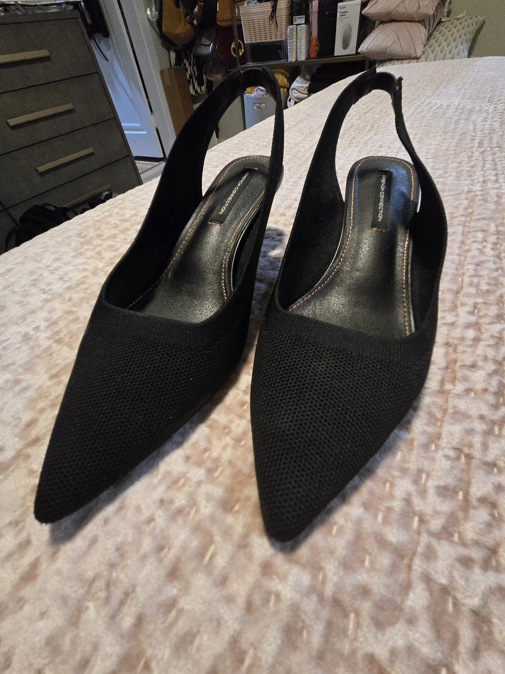French Connection Black Pointed Toe Slingback Heels